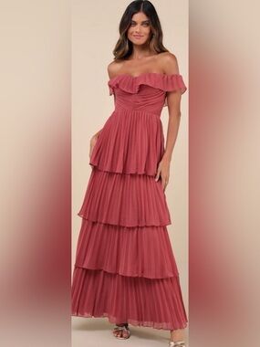 -Lulus “Always Remarkable” Rusty Rose Pleated Off-the-Shoulder Maxi